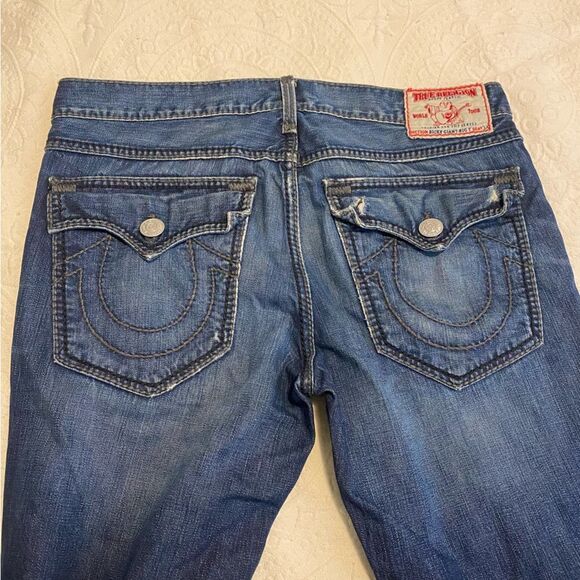 Y2K True Religion size 36 Dark Wash 100% Cotton Straight Leg Pocket Flap Jeans - Picture 7 of 15